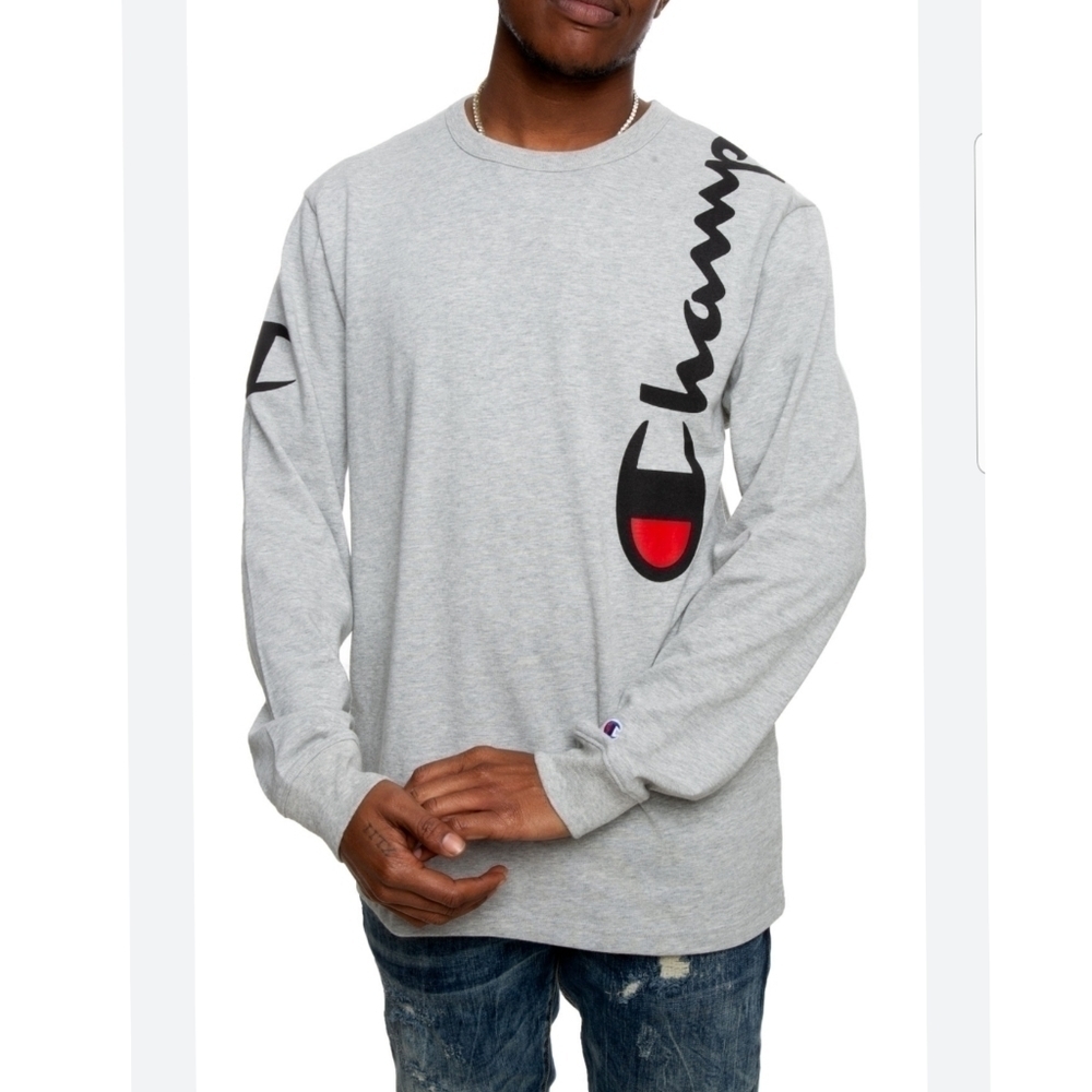 {L} Champion Heritage Tee Long Sleeve Spellout Logo Gray